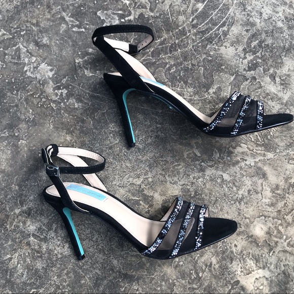 Betsey Johnson VEDA Black Embellished 3.5 inch Blue Sole Heels | Size 7.5 - Picture 2 of 14